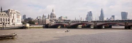 Rick took this photo of Blackfriars Bridge with the London skyline. The building on the right is called the Walkie-Talkie, 20 Fenchurch Street. The angled building is known as the Cheesegrater, actually the Leadenhall Building. The dome is St. Paul's Cathedral. Does anyone know what the rounded building to the left is? 