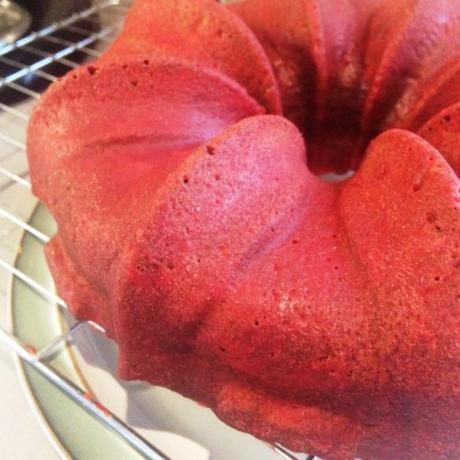 Red Velvet Valentine’s Cake red glazed bundt cake velvet valentines chocolate and vanilla