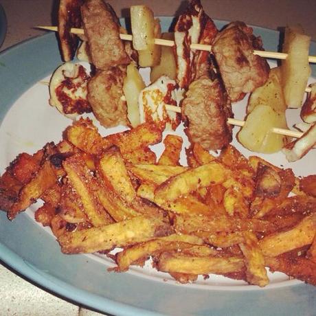 lamb kofte, halloumi & pineapple kebabs with sweet potato fries