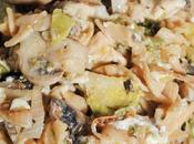 Skillet Pasta with Chicken, Mushrooms, Brussels Sprouts Goat Cheese
