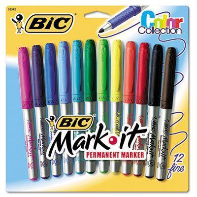 BIC - Bic Permanent Markers and Marker Pens Mark It Fine Point Permanent Marker, 12 Color Set, Rubbe