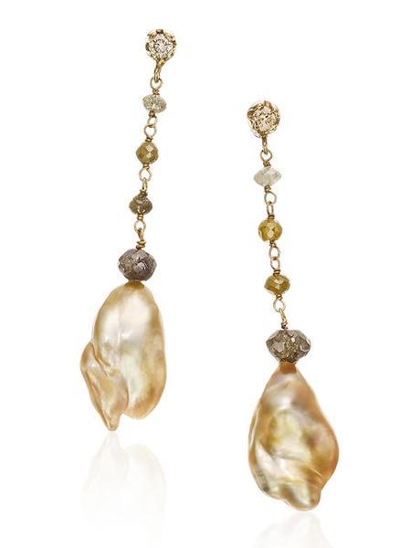 Yvel's golden keshi pearl and rough diamond earrings