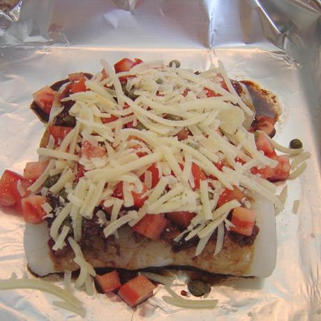 Tapenade Baked Cod Fish with cheese and toppings