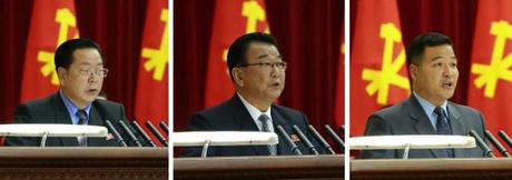 Jagang WPK Provincial Committee Chief Secretary Kim Chun Sop (left), DPRK Vice Premier Ri Man Gon (center), and KIS Youth League Central Committee Chairman Jon Yong Nam (right) address the expanded WPK Political Bureau meeting (Photos: Rodong Sinmun).