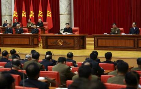 View of the platform at the WPK Central Committee #1 Office Building in Pyongyang, the venue for the February 18, 2015 expanded meeting of the WPK Political Bureau (Photo: Rodong Sinmun).