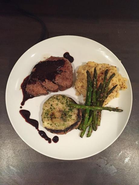 Fillet Steak with Red Wine Sauce, Parsnip Mustard Mash and Asparagus