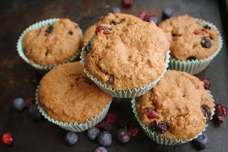 Blueberry, Cranberry, Red Fife Muffins (Dairy, Egg, Refined Sugar Free)