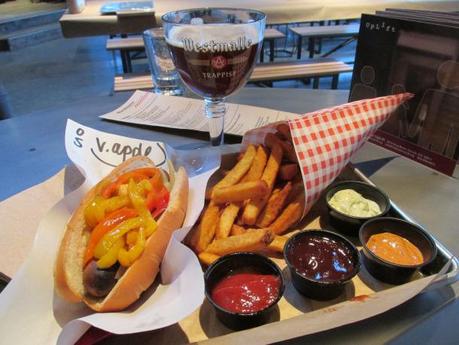 Vegetarian Smoked Apple Sage Sausage with caramelized onions & sweet peppers. Belgian Fries with dipping sauces: Curry Ketchup, Sweet & Sassy BBQ, Chipotle Aioli, and Pesto Mayo. The beer is a mixture of Westmalle's Dubbel and their Tripel.
