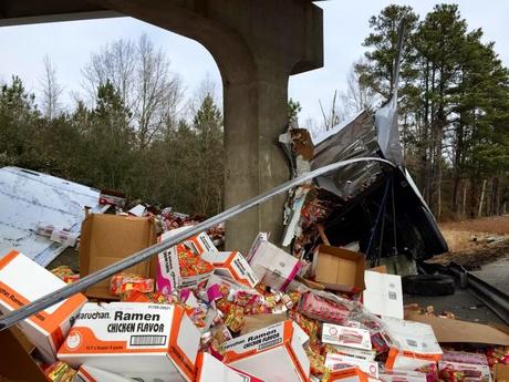 They closed the I 95 in North Carolina... because a rig driver fell asleep at the wheel, and spilled Ramen noodles everywhere