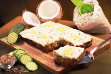 Whole Wheat and Bajra -Pearl Millet flour Sheet Cake with Zucchini, Pineapple and a smattering of coconut with Cream Cheese