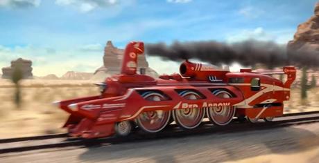 racing trains... incredibly cool steam locomotive trains in a mash up of Road Runner and Coyote with Indiana Jones Temple of Doom scenes! Its terrific!