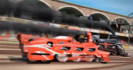 racing trains... incredibly cool steam locomotive trains in a mash up of Road Runner and Coyote with Indiana Jones Temple of Doom scenes! Its terrific!