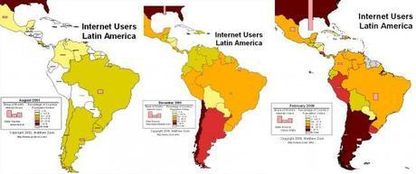 The rapid growth of the Internet in Latin America between 2001 and 2008. Today 57% of South Americans use the Internet. (Charts: ZookNIC)