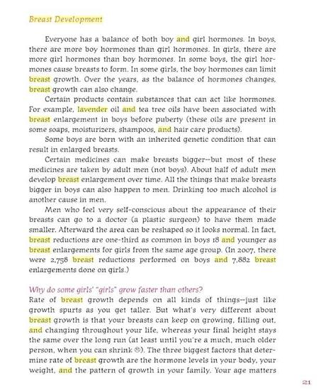 This is an excerpt from the following book.  Taking Care of Your Girls: A Breast Health Guide for Girls, Teens, and In ... By Marisa C. Weiss, M.D., Isabel Friedman. I am not a perve. The reason the word breast is highlighted is I was searching for that term and also lavender and it highlighted every word with the keyword.
