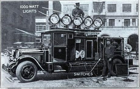 Fire fighting is a dangerous feat, and in the 1920s it was far more difficult, and hard to see, so firemen had a portable generator and flood light rig made