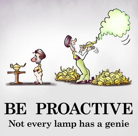 Aladdin magic lamp guy looking at silent lamp second guy by pile of lamps rubbing lamp emitting genie cloud be proactive not every lamp has a genie