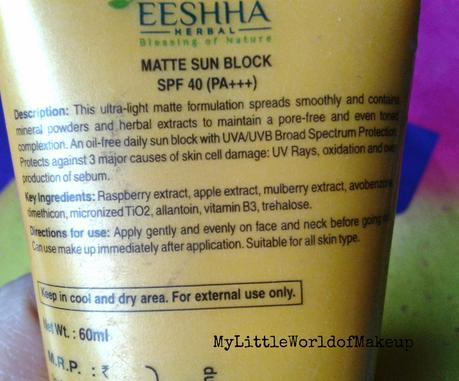 Eeshha Herbals Matte Sun Block with SPF 40 - UV Defense Review