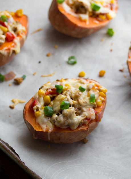 Turkey, Corn and Smoked Gouda Sweet Potato Boats- a healthy, gluten-free taco alternative