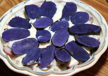 purple fingerling potato pieces in the pie