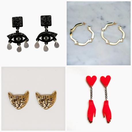 Earrings, Earring Wishlist, Jennifer Loiselle eye earrings, LAB by Laura Busony hand hoops, Julia De Klerk hand earrings, Datter Industries cat earrings