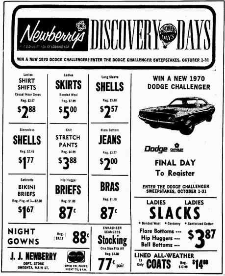 Jay has been looking through car dealership advertising, and came across these... Woolworth had a drawing, for 1970 Challengers, and so did a dept store called Newberrys.