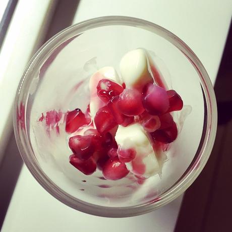 My pomegranate topped malai kulfi in a shot glass