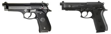The Boondock Saints A Beretta 92FS (left) and a Taurus PT92 (right). Besides some cosmetic differences such as slide markings and magazine butts, note the difference in external safeties.