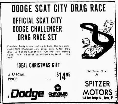 Never heard of it before, but if you come across one, you've got a treasure... the Dodge Scat City Drag Race and Slot Car Road Race toy set from 1968