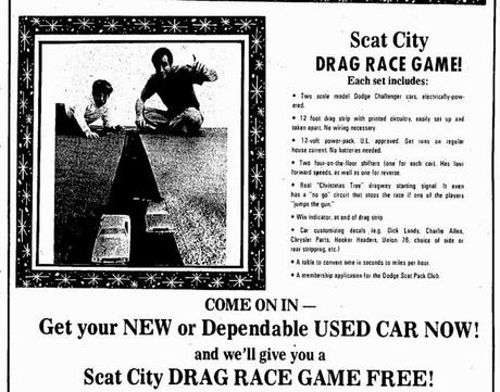 Never heard of it before, but if you come across one, you've got a treasure... the Dodge Scat City Drag Race and Slot Car Road Race toy set from 1968