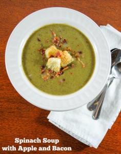 Creamy Spinach and Apple Soup with Croutons and Bacon Crumbles
