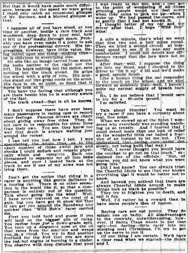 reporter tags along with Bob Burman around Indianapolis in 1909.. it's a hell of a bumpy filthy noisy ride.