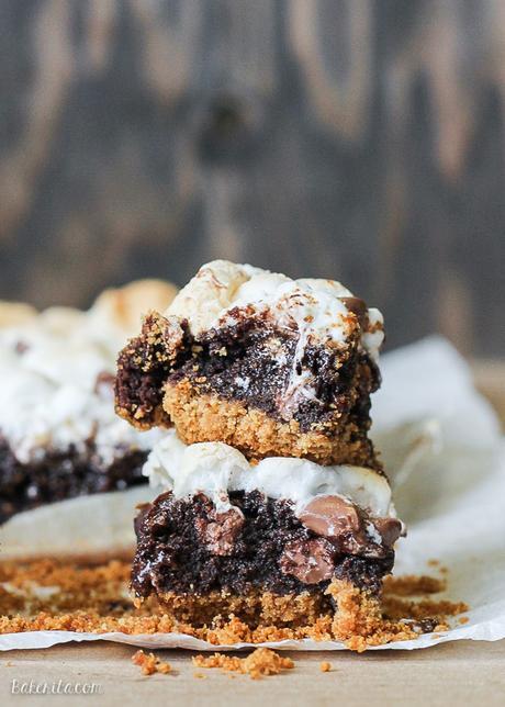 These S'mores Brownies are super fudgy chocolate brownies swirled with marshmallow fluff and milk chocolate chips, baked on a graham cracker crust and topped with toasted mini marshmallows.