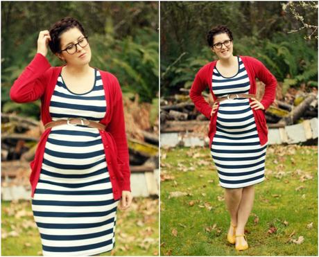 Striped maternity dress and red cardigan | www.eccentricowl.com