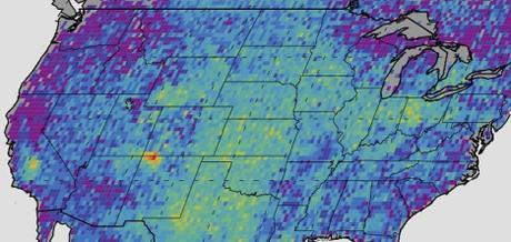 The Four Corners area (red) is the major U.S. hot spot for methane emissions in this map showing how much emissions varied from average background concentrations from 2003-2009 (dark colors are lower than average; lighter colors are higher). Image Credit:  NASA/JPL-Caltech/University of Michigan.