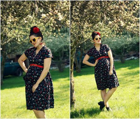 Vintage cherry print dress and heart shaped glasses | www.eccentricowl.com