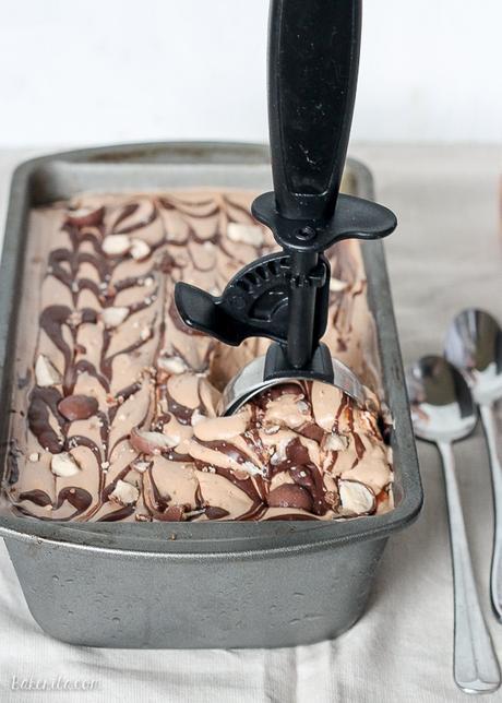 This Chocolate Malt Mocha Crunch Ice Cream is a luscious chocolate ice cream flavored with chocolate malt and coffee, with crunchy malt balls and a chocolate ganache swirl! No ice cream machine required