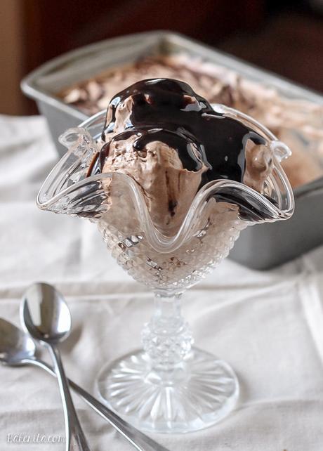 This Chocolate Malt Mocha Crunch Ice Cream is a luscious chocolate ice cream flavored with chocolate malt and coffee, with crunchy malt balls and a chocolate ganache swirl! No ice cream machine required