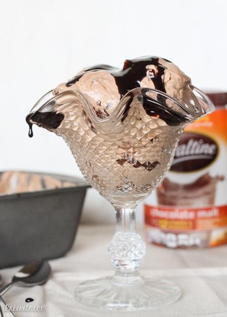 This Chocolate Malt Mocha Crunch Ice Cream is a luscious chocolate ice cream flavored with chocolate malt and coffee, with crunchy malt balls and a chocolate ganache swirl! No ice cream machine required