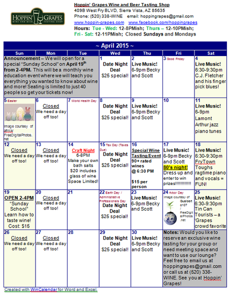 April 2015 Calendar of Events at Hoppin' Grapes Wine and Beer Tasting Shop