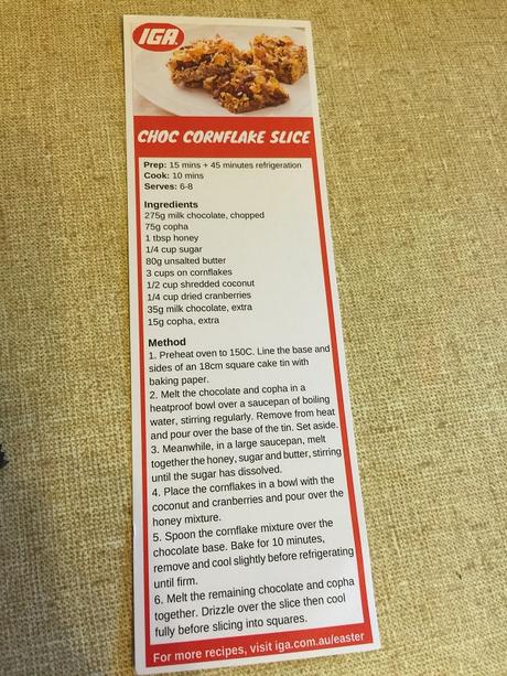 The recipe card from IGA for Choc Cornflake Slice