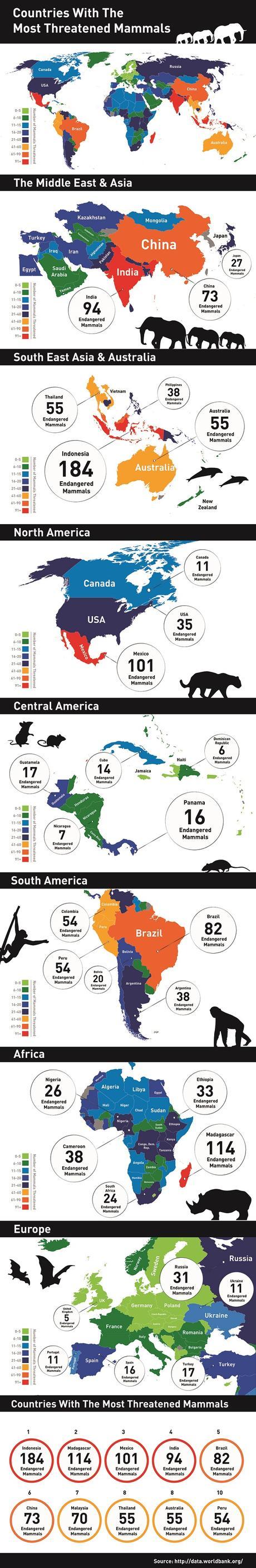 world map showing number of mammals at risk