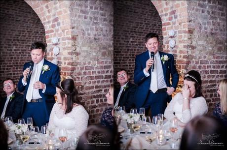Groom telling joke with bride laughing