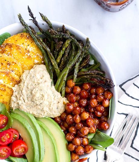 Eat Delicious: Spicy BBQ Chickpea, Asparagus and Crispy Polenta Bowls from Half Baked Harvest.