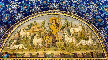 Jesus seated as an emperor with lambs nearby