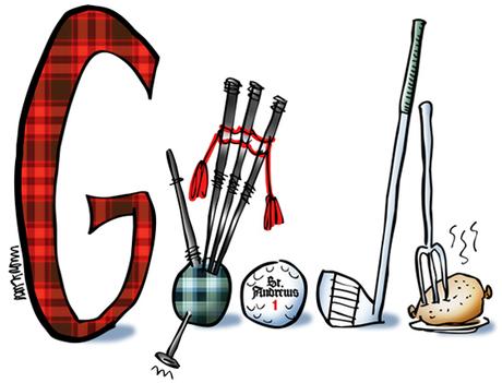 detail image of rebus pictures of plaid letter G, bagpipes, golf ball, golf club, haggis, thistle, Scotsman wearing tam, with ellipsis