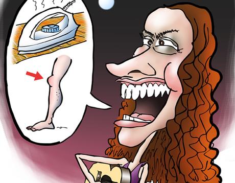 detail image of caricature Canadian singer songwriter Alanis Morissette whose most famous song is Ironic playing guitar and singing rebus with clothes iron, knee, human leg