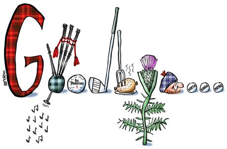 Rebus pictures of plaid letter G, bagpipes, golf ball, golf club, haggis, thistle, Scotsman wearing tam, with ellipsis