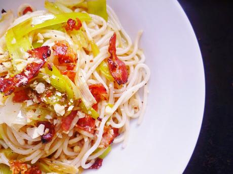 a perfect spring pasta supper: spaghetti with leeks, parma ham and hazelnuts