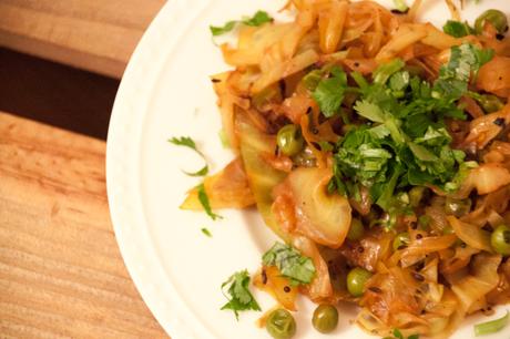 Indian Spiced Cabbage with Peas (or “Cabbage Sabzi”)