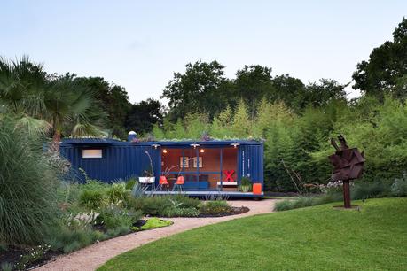 “Stacey hopes that we can use this as a prototype for a development of artists’ studios someday—we talked about maybe siting several of them together, like an old mobile home park.” The steel sculpture is by San Antonio artist George Shroeder.